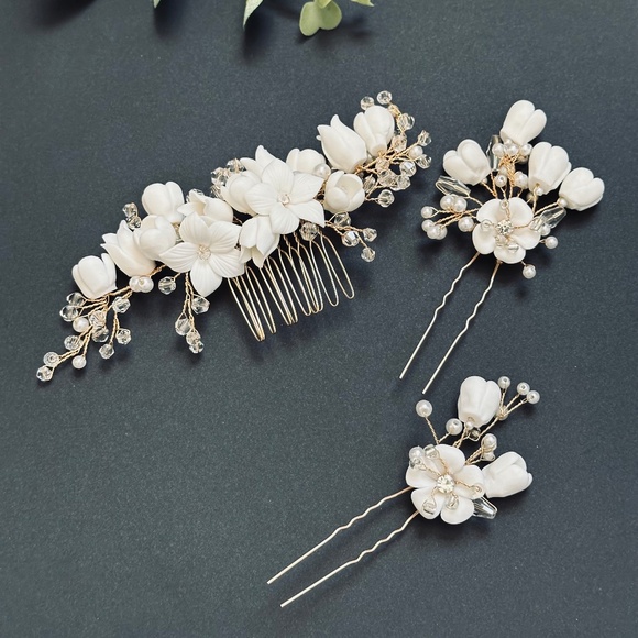Floral Bridal Headpiece with Porcelain Flowers Set Gold Wedding Vine Hair Comb - Picture 1 of 4